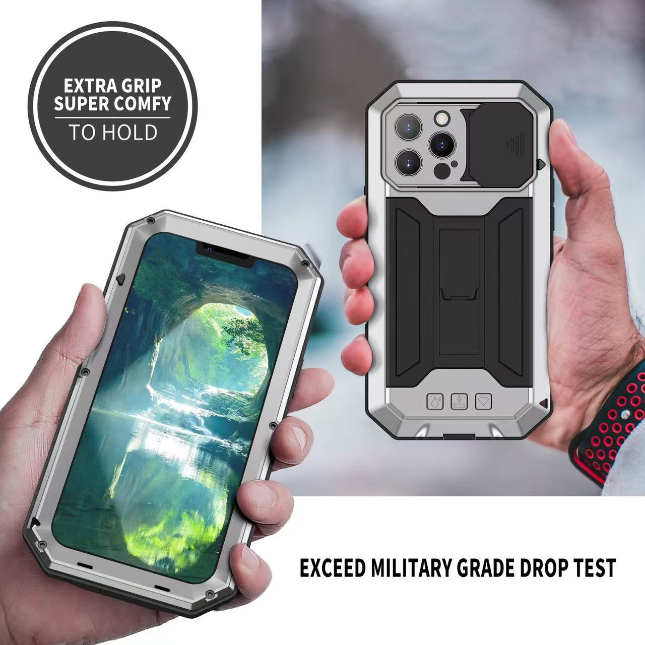 Heavy Equipment Bucket - iPhone 14/15/16/17 Pro Max Plus用 軍用グレードの頑丈なメタルケース
